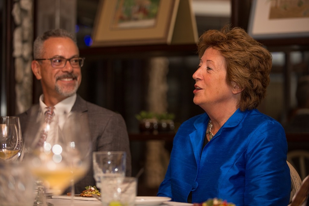 UK Overseas Territories Minister, Baroness Joyce Anelay speaks with Cayman Finance CEO, Jude Scott and other Cayman Finance Board Members.