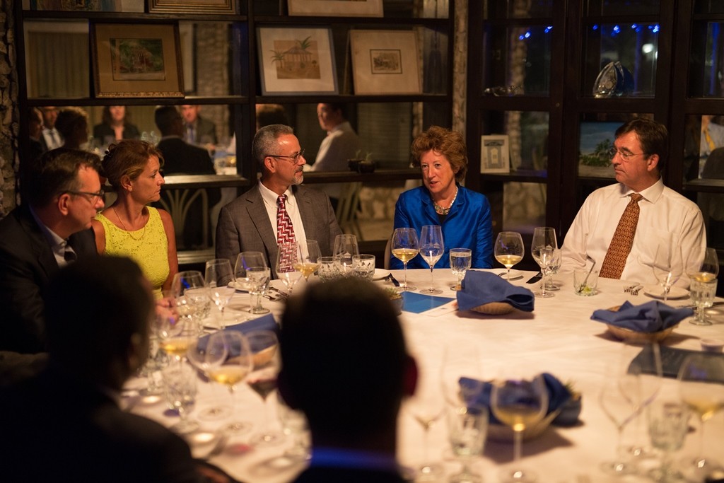 UK Overseas Territories Minister, Baroness Joyce Anelay speaking at the Cayman Finance hosted dinner. (Seated L to R) – Mark Lewis (Cayman Finance Board Member); Her Excellency The Governor, Helen Kilpatrick; Jude Scott (Cayman Finance CEO); UK Overseas Territories Minister, Baroness Joyce Anelay; Henry Smith (Cayman Finance Board Member)