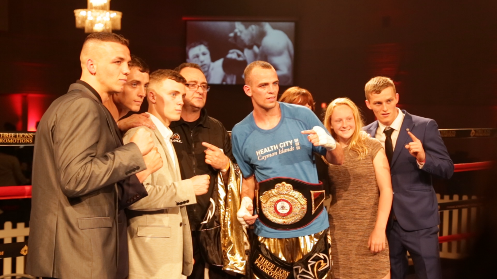 Steven Wilcox with well-wishers after winning his title bout to retain his belt.